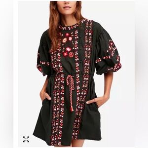 Free People Green Midi Dress with Pink & Red Floral Embroidery